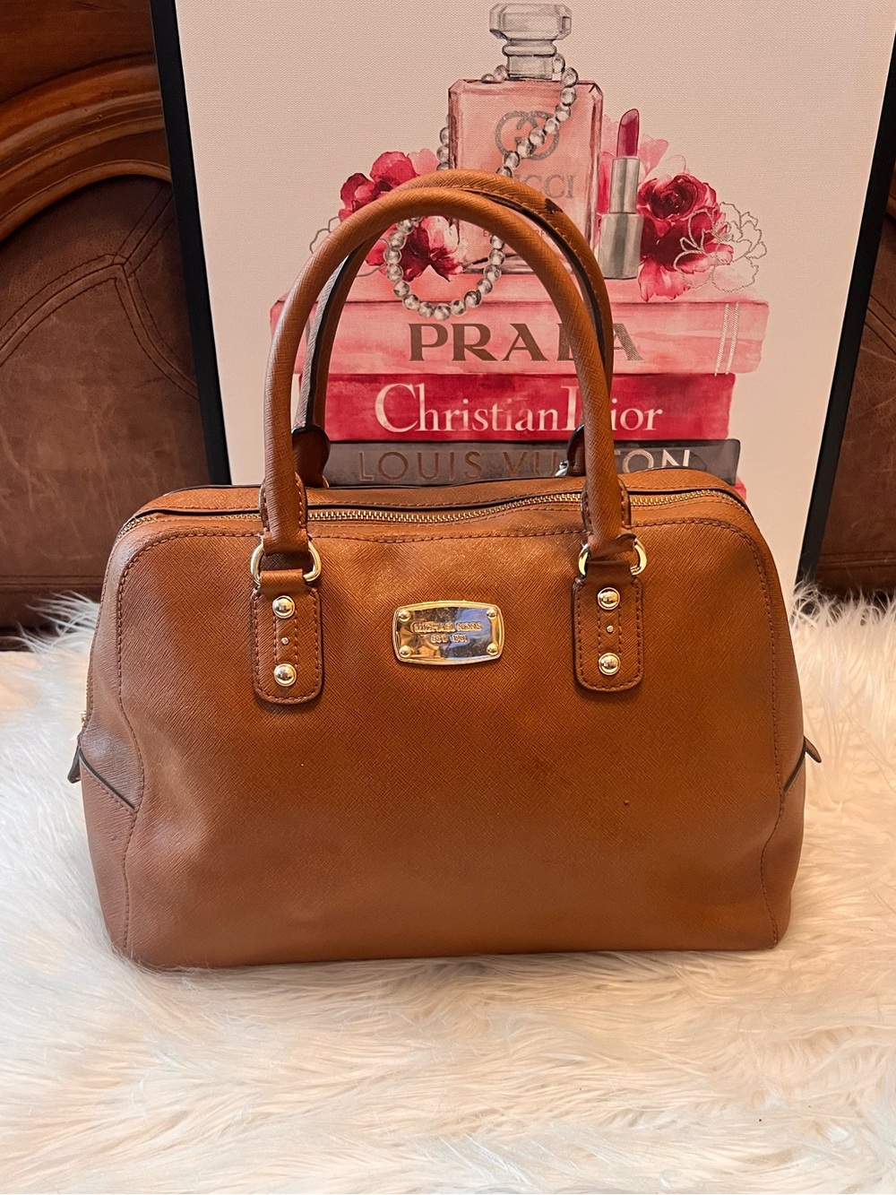 Michael Kors Cognac Leather Satchel with Gold Hardware